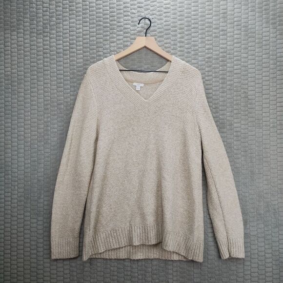 J. Jill Cream Knit V-Neck Sweater-Relaxed Fit-Cotton Blend-Medium - Picture 1 of 8